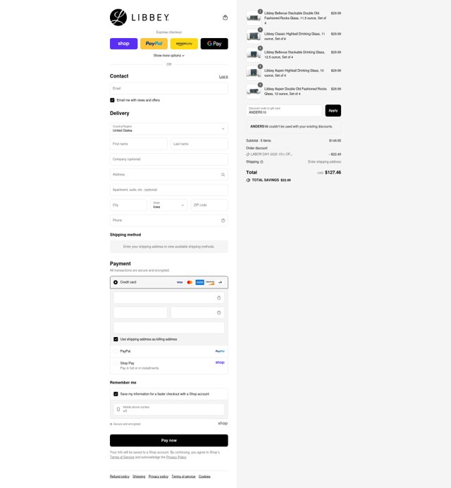 Libbey checkout page showing Libbey promo code box | Screenshot taken by SimplyCodes community member on Aug 31, 2025