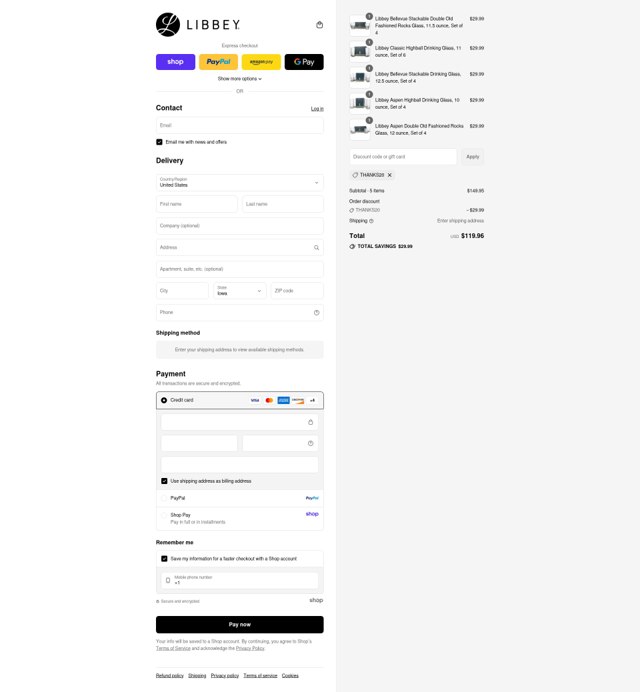 Libbey checkout page showing Libbey promo code box | Screenshot taken by SimplyCodes community member on Sep 4, 2025