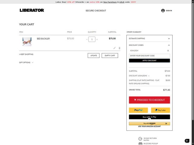 Liberator checkout page showing Liberator promo code box | Screenshot taken by SimplyCodes community member on Aug 27, 2025