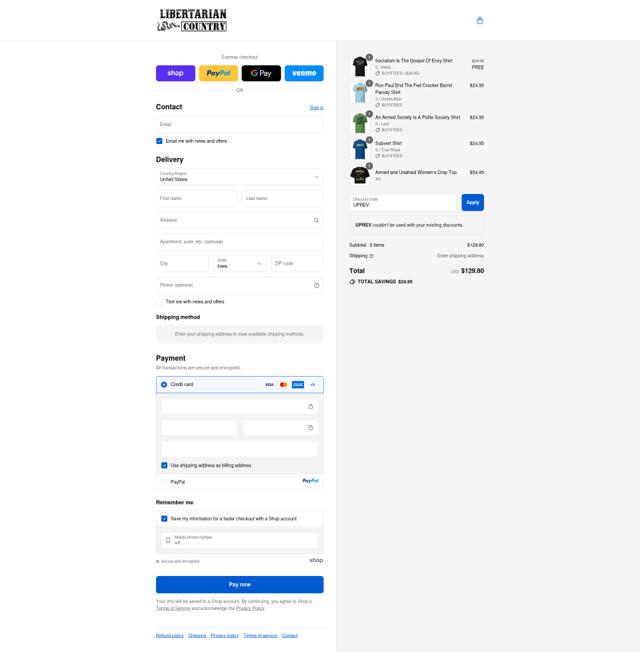 Libertarian Country checkout page showing Libertarian Country discount code box | Screenshot taken by SimplyCodes community member on Sep 10, 2025