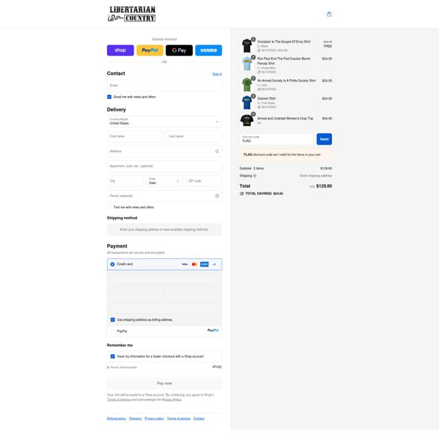 Libertarian Country checkout page showing Libertarian Country discount code box | Screenshot taken by SimplyCodes community member on Sep 10, 2025