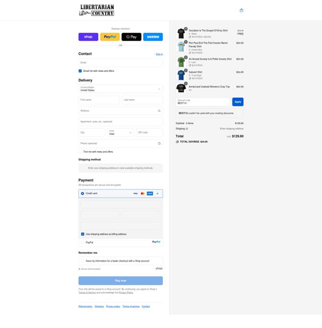 Libertarian Country checkout page showing Libertarian Country discount code box | Screenshot taken by SimplyCodes community member on Sep 10, 2025