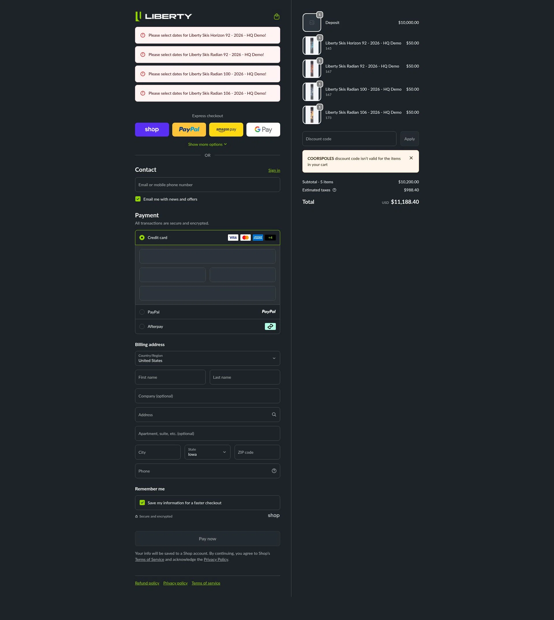 Liberty Skis checkout page showing Liberty Skis promo code box | Screenshot taken by SimplyCodes community member on Jan 24, 2026