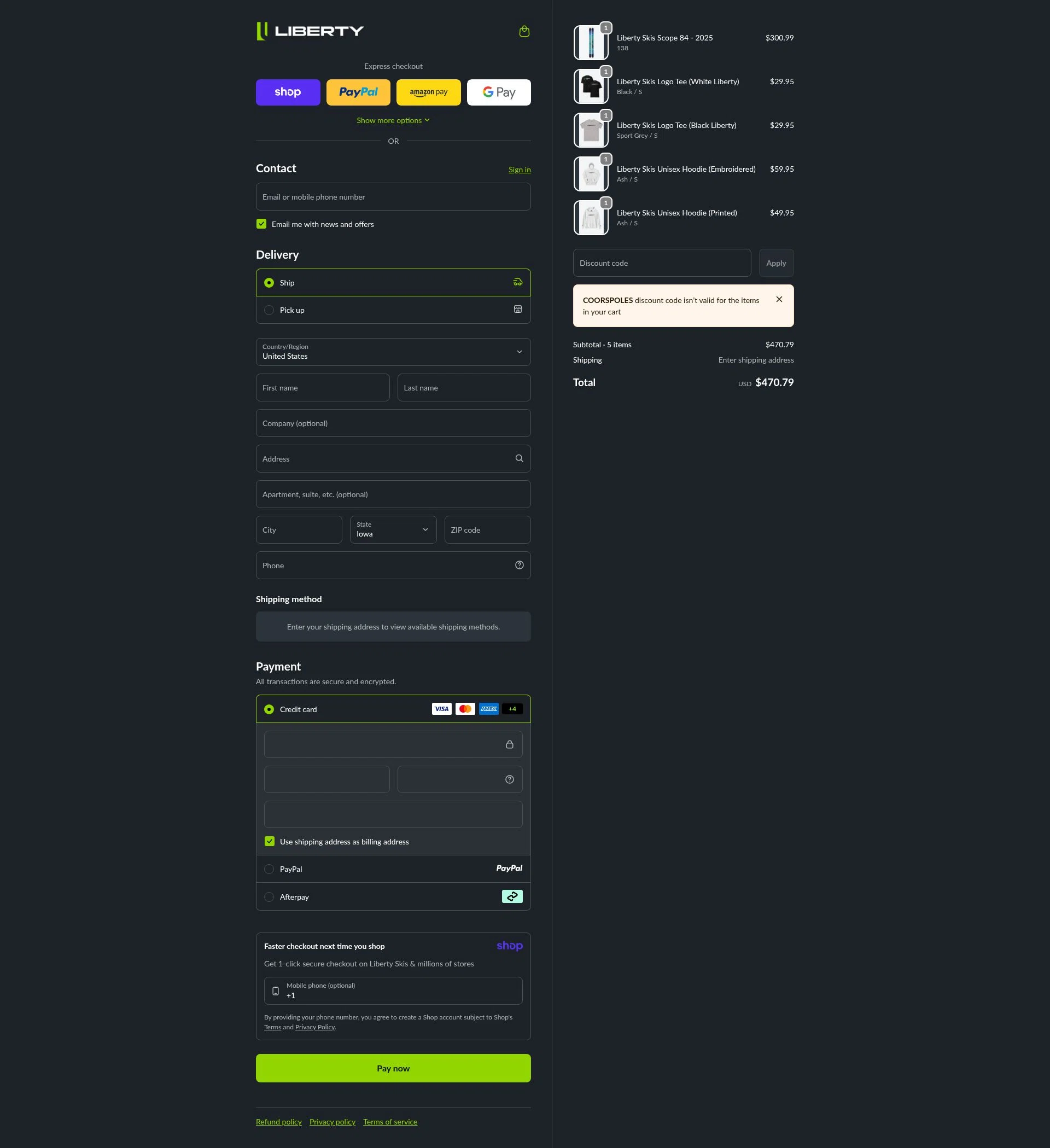 Liberty Skis checkout page showing Liberty Skis promo code box | Screenshot taken by SimplyCodes community member on Jan 10, 2026