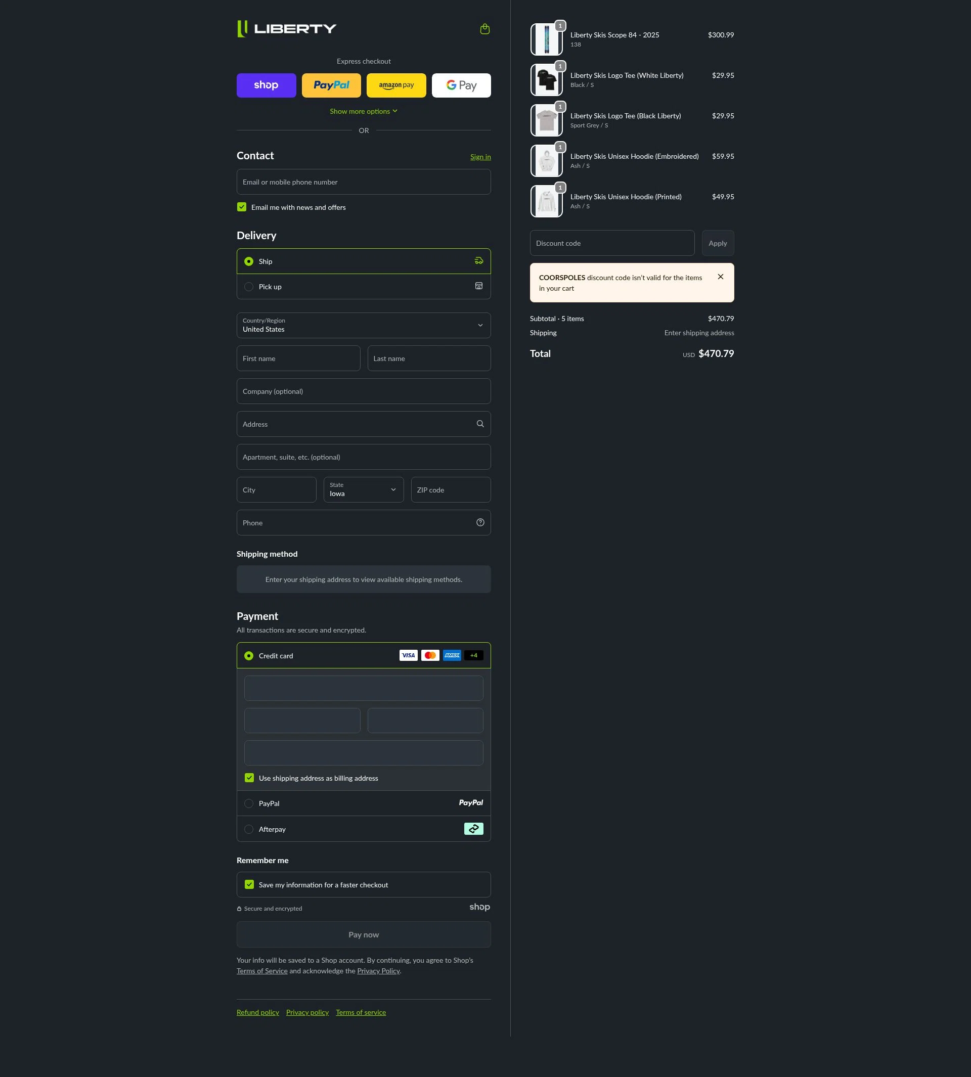Liberty Skis checkout page showing Liberty Skis promo code box | Screenshot taken by SimplyCodes community member on Dec 31, 2025