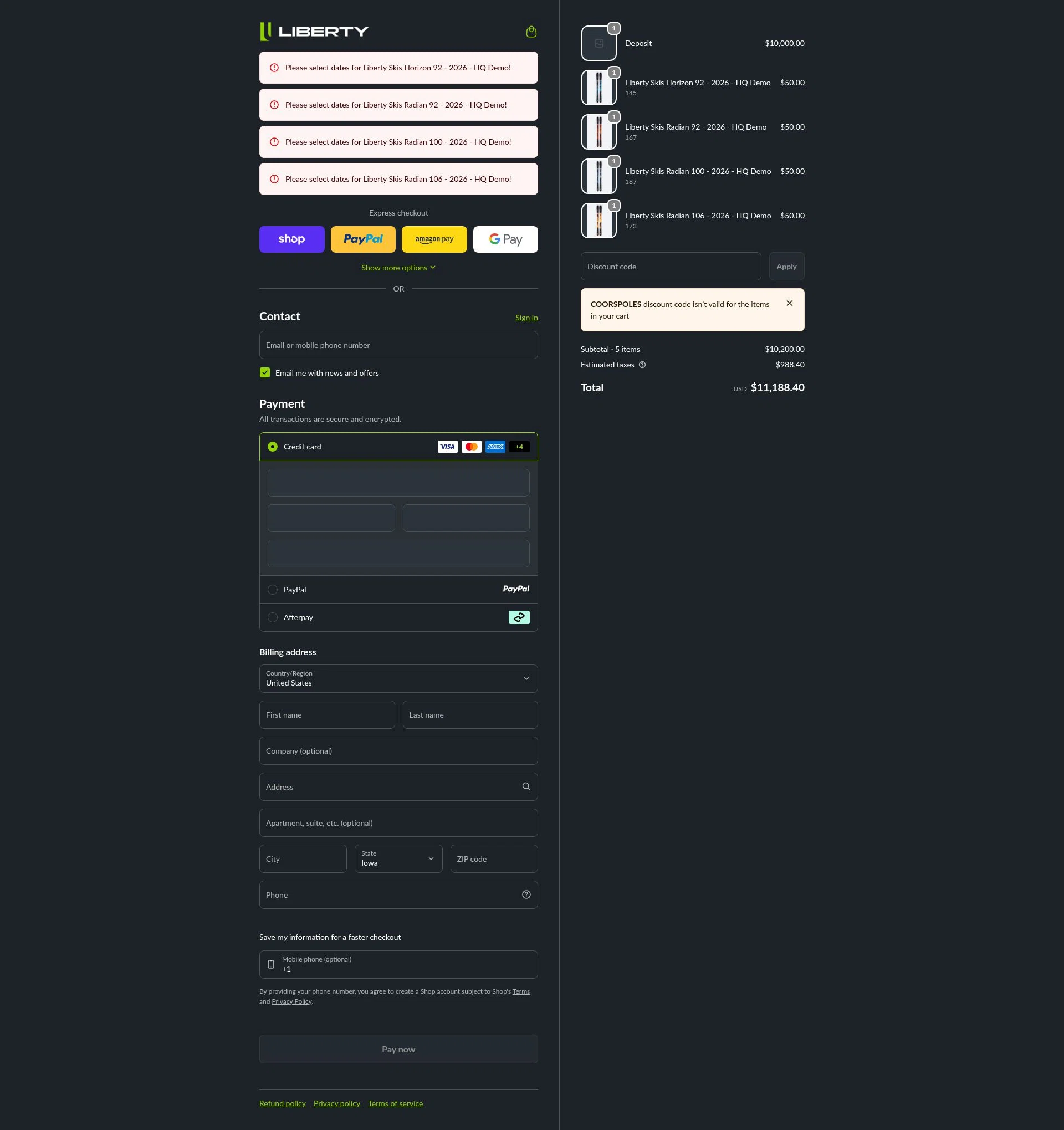 Liberty Skis checkout page showing Liberty Skis promo code box | Screenshot taken by SimplyCodes community member on Feb 7, 2026