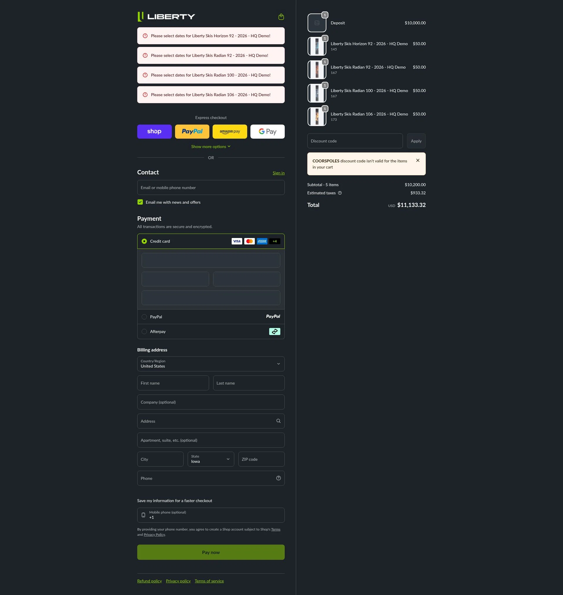 Liberty Skis checkout page showing Liberty Skis promo code box | Screenshot taken by SimplyCodes community member on Jan 20, 2026