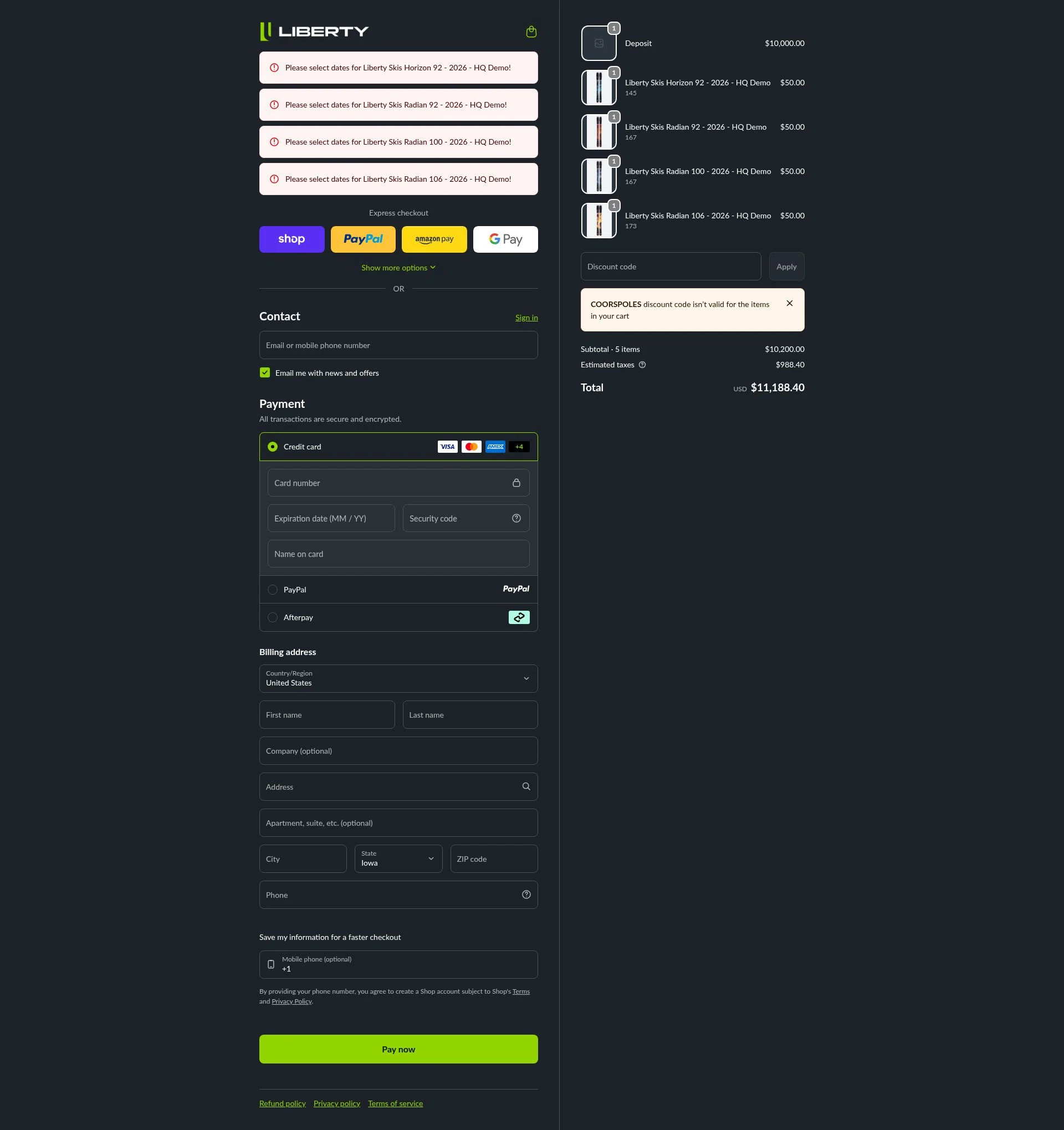 Liberty Skis checkout page showing Liberty Skis promo code box | Screenshot taken by SimplyCodes community member on Feb 2, 2026
