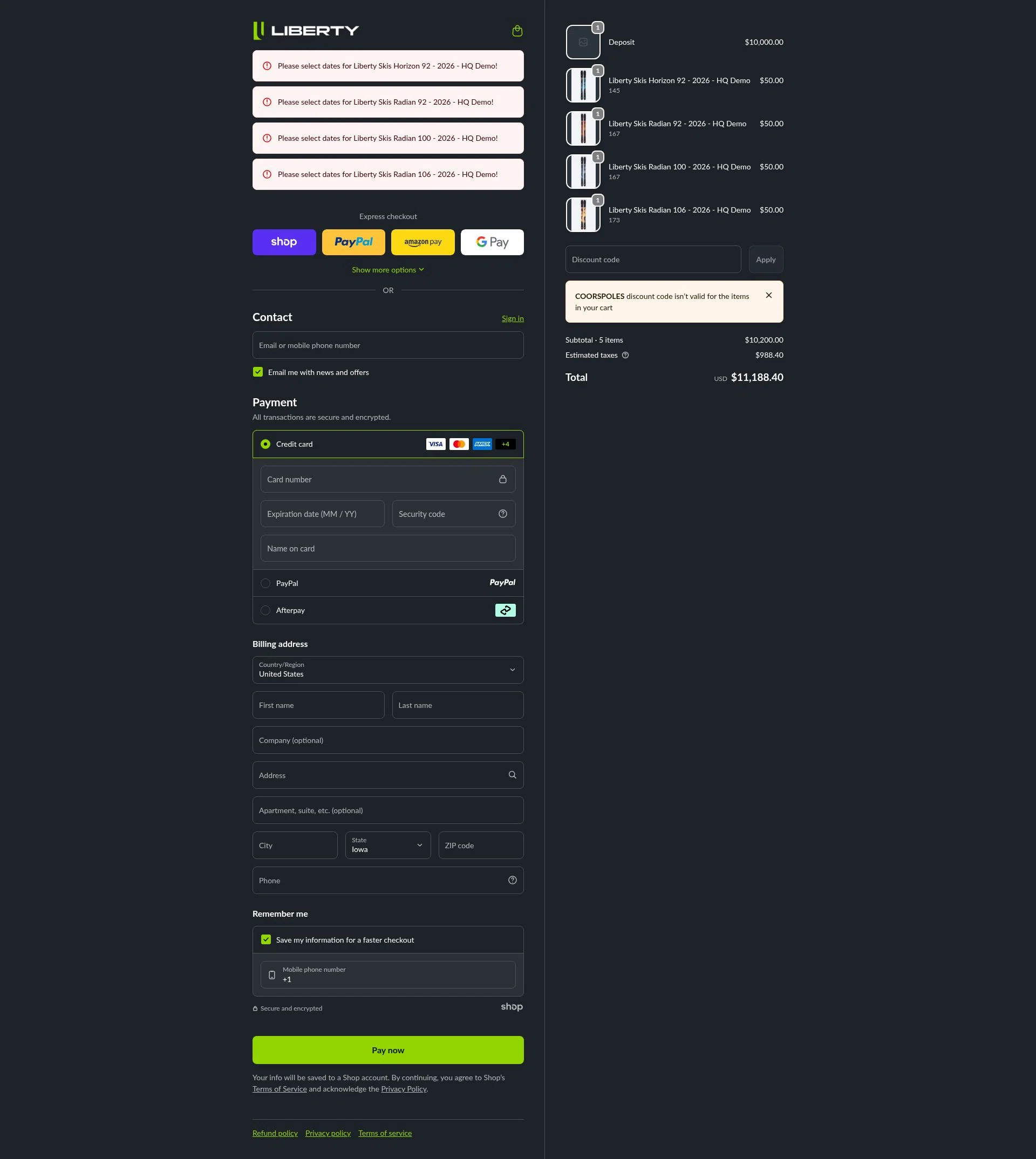 Liberty Skis checkout page showing Liberty Skis promo code box | Screenshot taken by SimplyCodes community member on Jan 29, 2026