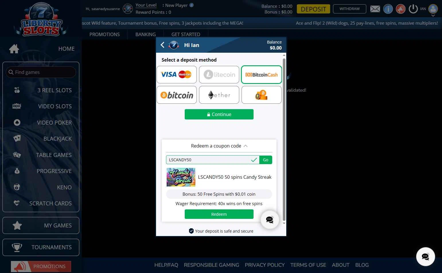 Liberty Slots checkout page showing Liberty Slots promo code box | Screenshot taken by SimplyCodes community member on Sep 29, 2025