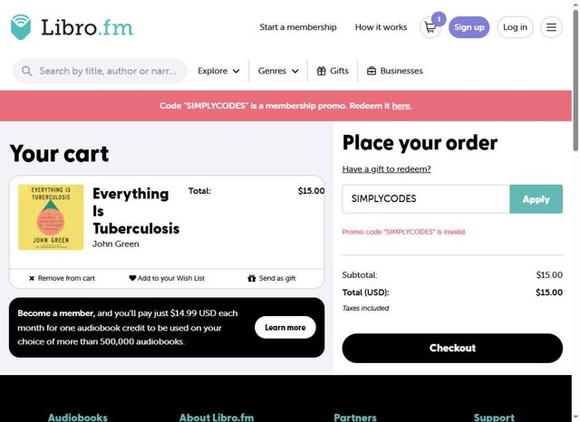Libro.fm checkout page showing Libro.fm promo code box | Screenshot taken by SimplyCodes community member on May 15, 2025