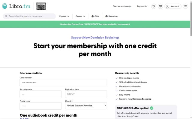 Libro.fm checkout page showing Libro.fm promo code box | Screenshot taken by SimplyCodes community member on May 15, 2025