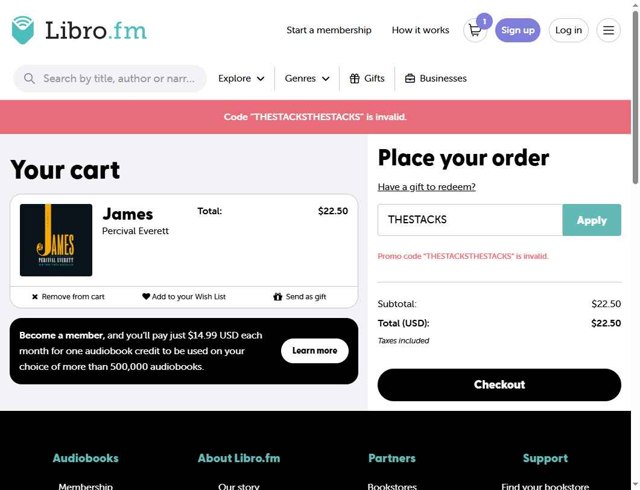Libro.fm checkout page showing Libro.fm promo code box | Screenshot taken by SimplyCodes community member on May 8, 2025