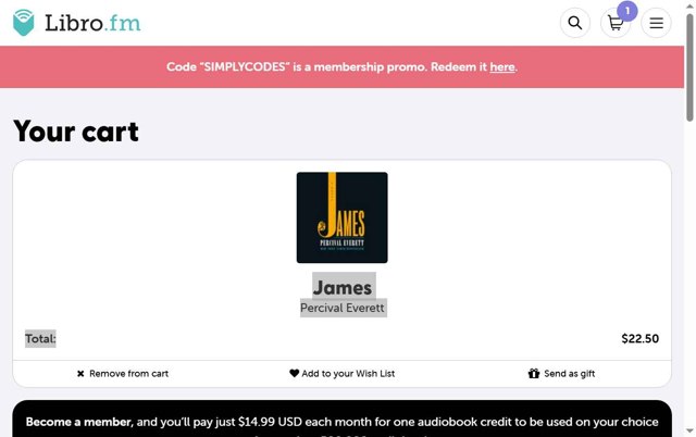 Libro.fm checkout page showing Libro.fm promo code box | Screenshot taken by SimplyCodes community member on May 16, 2025