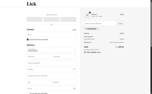 Lick UK checkout page showing Lick UK promo code box | Screenshot taken by SimplyCodes community member on Aug 26, 2025