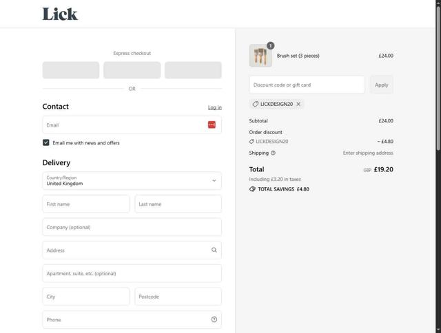 Lick UK checkout page showing Lick UK promo code box | Screenshot taken by SimplyCodes community member on Jul 12, 2025