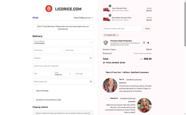 Licorice checkout page showing Licorice discount code box | Screenshot taken by SimplyCodes community member on Sep 6, 2025