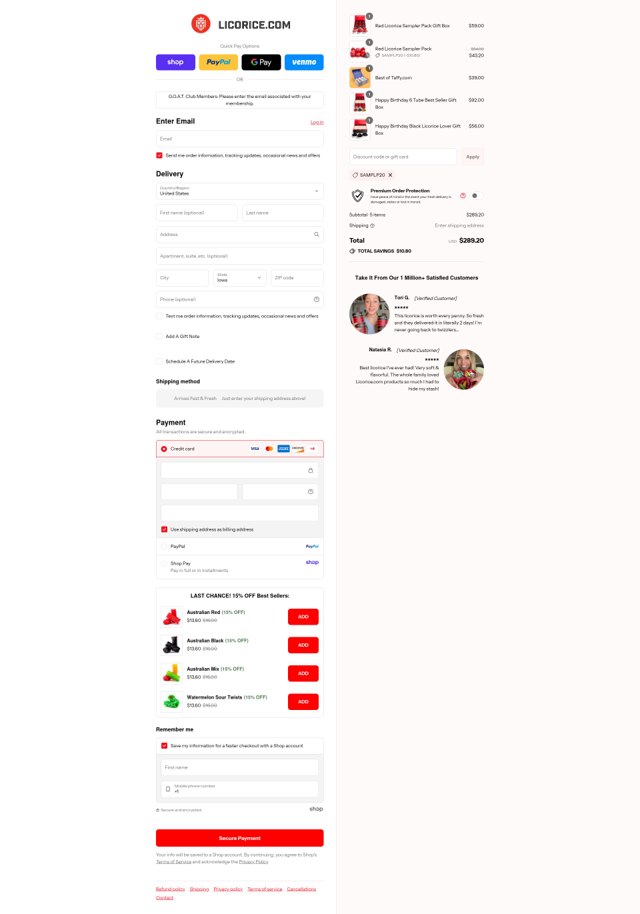 Licorice checkout page showing Licorice discount code box | Screenshot taken by SimplyCodes community member on Aug 31, 2025