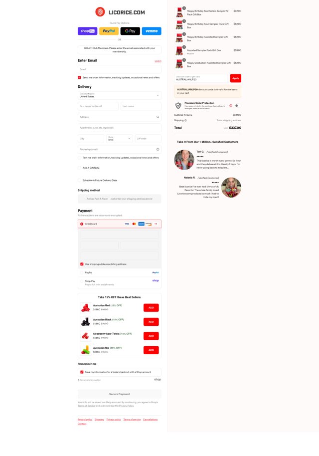 Licorice checkout page showing Licorice discount code box | Screenshot taken by SimplyCodes community member on Aug 23, 2025