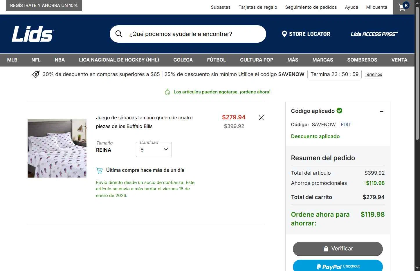 Lids checkout page showing Lids coupon code box | Screenshot taken by SimplyCodes community member on Jan 16, 2026