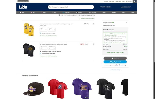 Lids checkout page showing Lids coupon code box | Screenshot taken by SimplyCodes community member on Aug 25, 2025