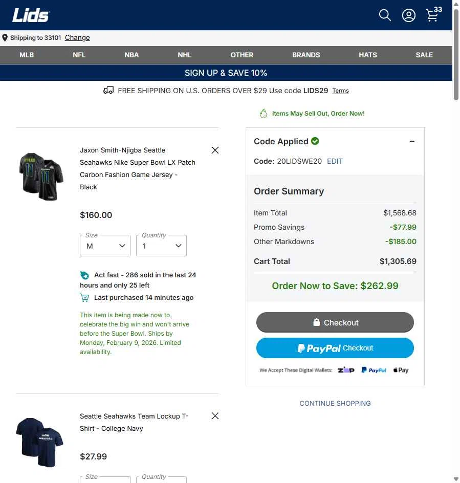 Lids checkout page showing Lids coupon code box | Screenshot taken by SimplyCodes community member on Jan 29, 2026