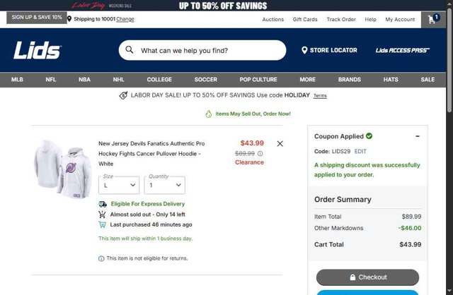 Lids checkout page showing Lids coupon code box | Screenshot taken by SimplyCodes community member on Aug 29, 2025