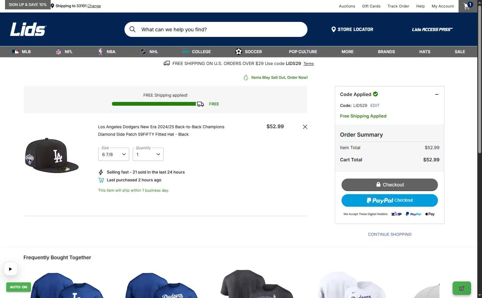Lids checkout page showing Lids coupon code box | Screenshot taken by SimplyCodes community member on Jan 20, 2026