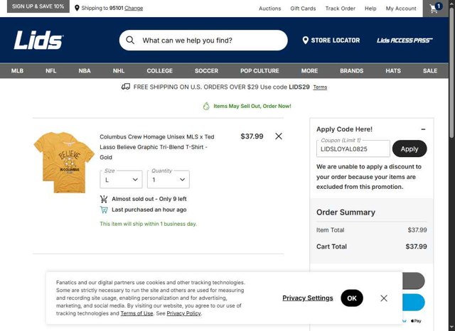 Lids checkout page showing Lids coupon code box | Screenshot taken by SimplyCodes community member on Aug 21, 2025
