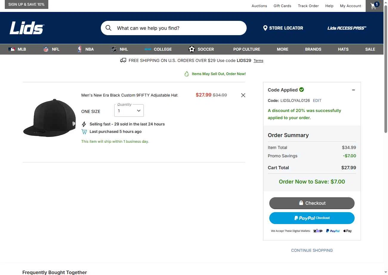 Lids checkout page showing Lids coupon code box | Screenshot taken by SimplyCodes community member on Jan 13, 2026
