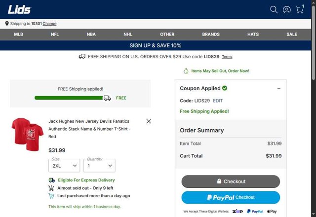 Lids checkout page showing Lids coupon code box | Screenshot taken by SimplyCodes community member on Aug 23, 2025