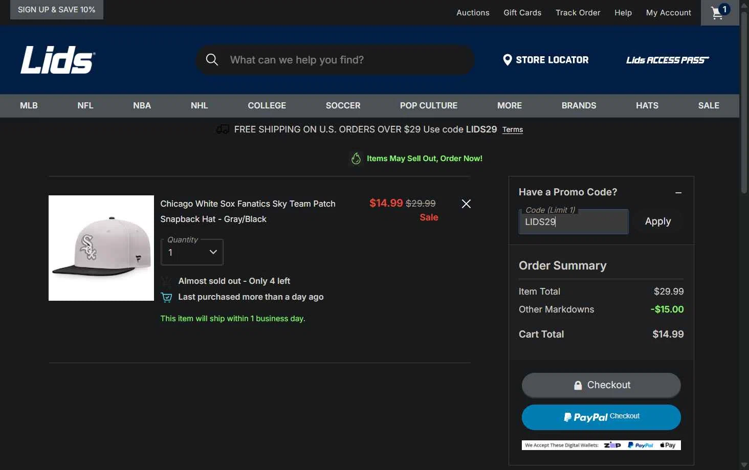 Lids checkout page showing Lids coupon code box | Screenshot taken by SimplyCodes community member on Jan 8, 2026