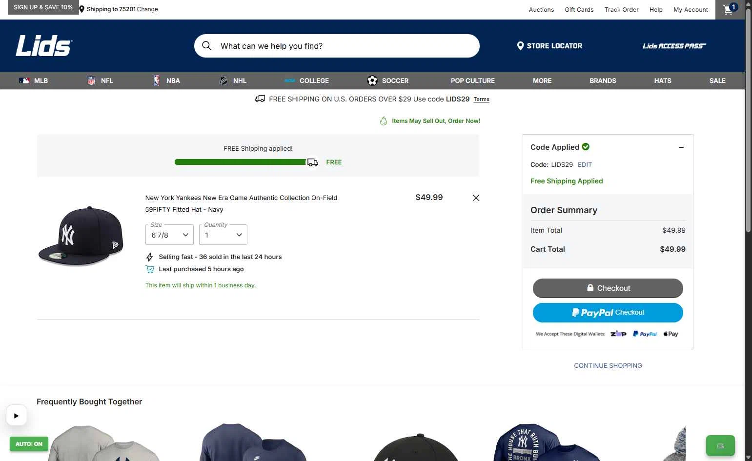 Lids checkout page showing Lids coupon code box | Screenshot taken by SimplyCodes community member on Jan 14, 2026