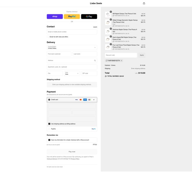 Liebeseele checkout page showing Liebeseele promo code box | Screenshot taken by SimplyCodes community member on Aug 29, 2025