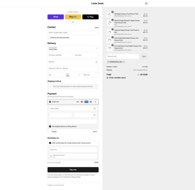 Liebeseele checkout page showing Liebeseele promo code box | Screenshot taken by SimplyCodes community member on Sep 2, 2025