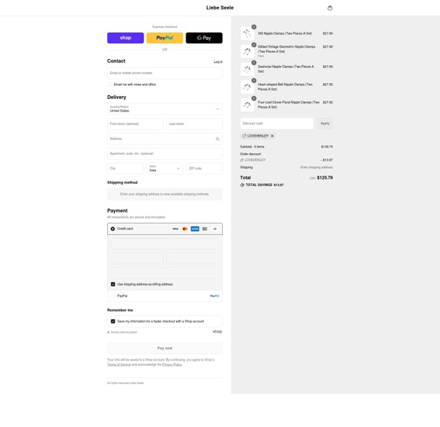 Liebeseele checkout page showing Liebeseele promo code box | Screenshot taken by SimplyCodes community member on Sep 2, 2025