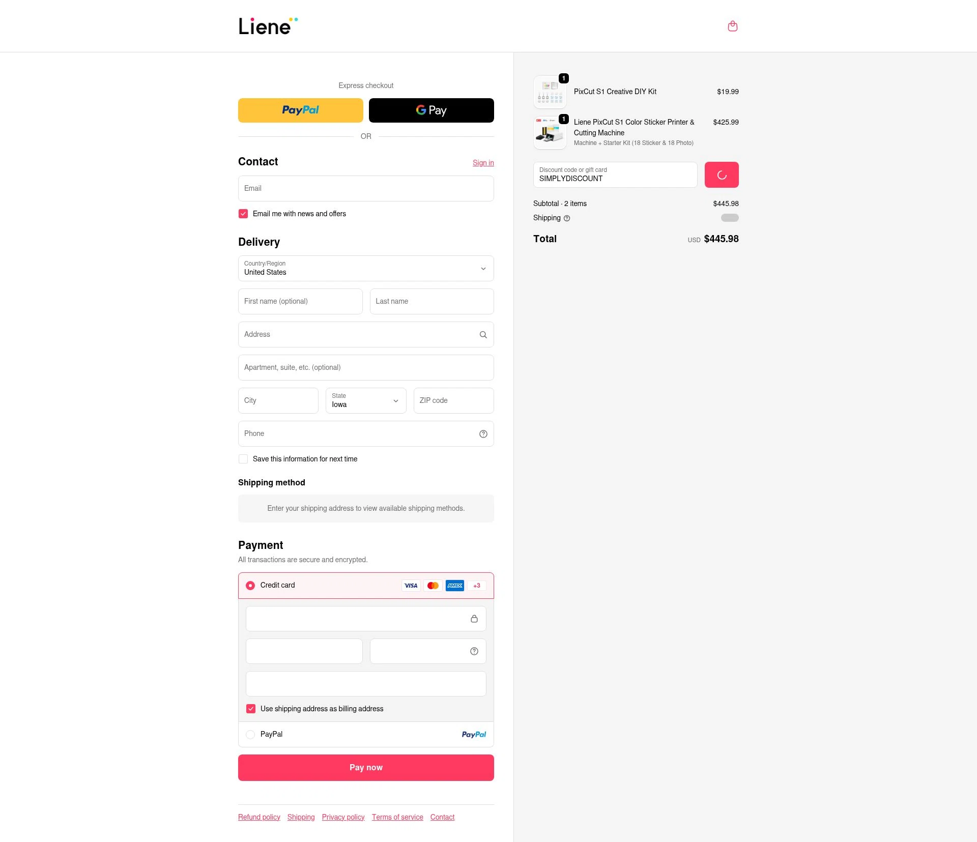 Liene checkout page showing Liene discount code box | Screenshot taken by SimplyCodes community member on Jan 5, 2026