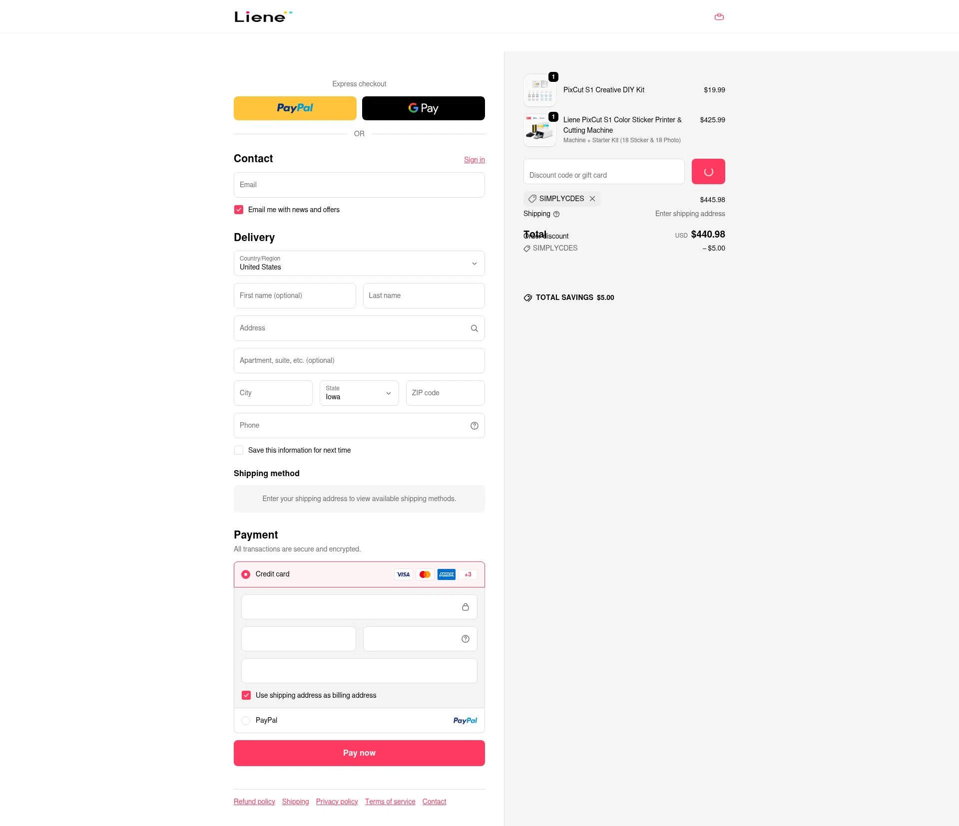 Liene checkout page showing Liene discount code box | Screenshot taken by SimplyCodes community member on Jan 5, 2026