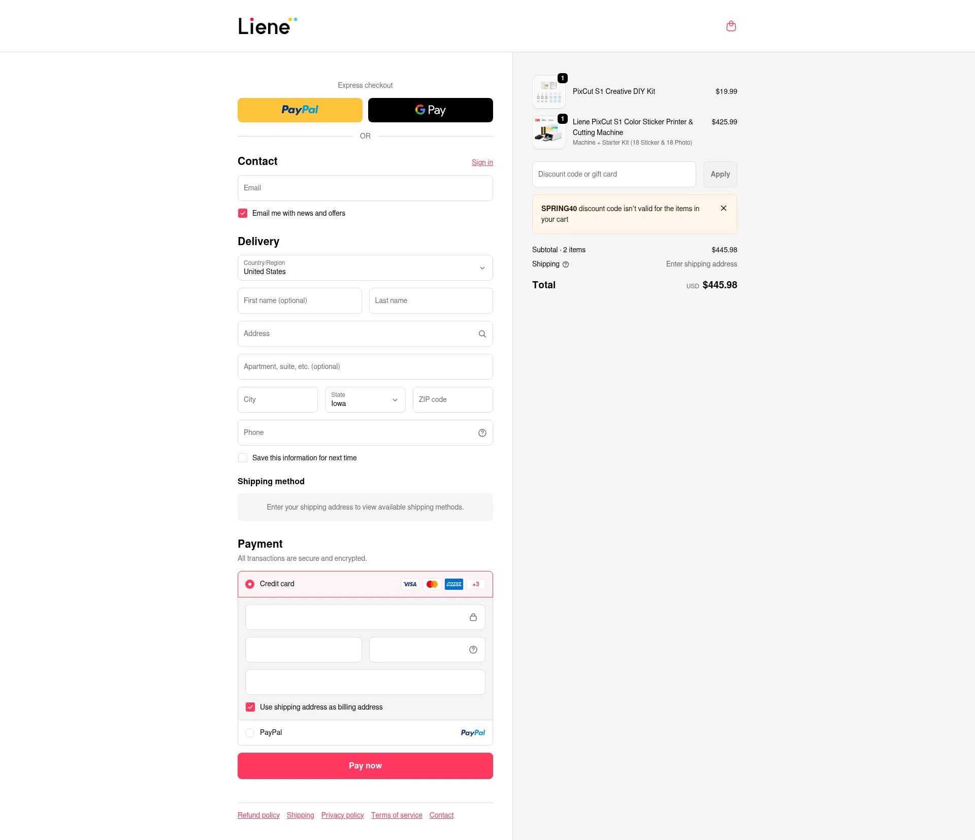 Liene checkout page showing Liene discount code box | Screenshot taken by SimplyCodes community member on Jan 5, 2026