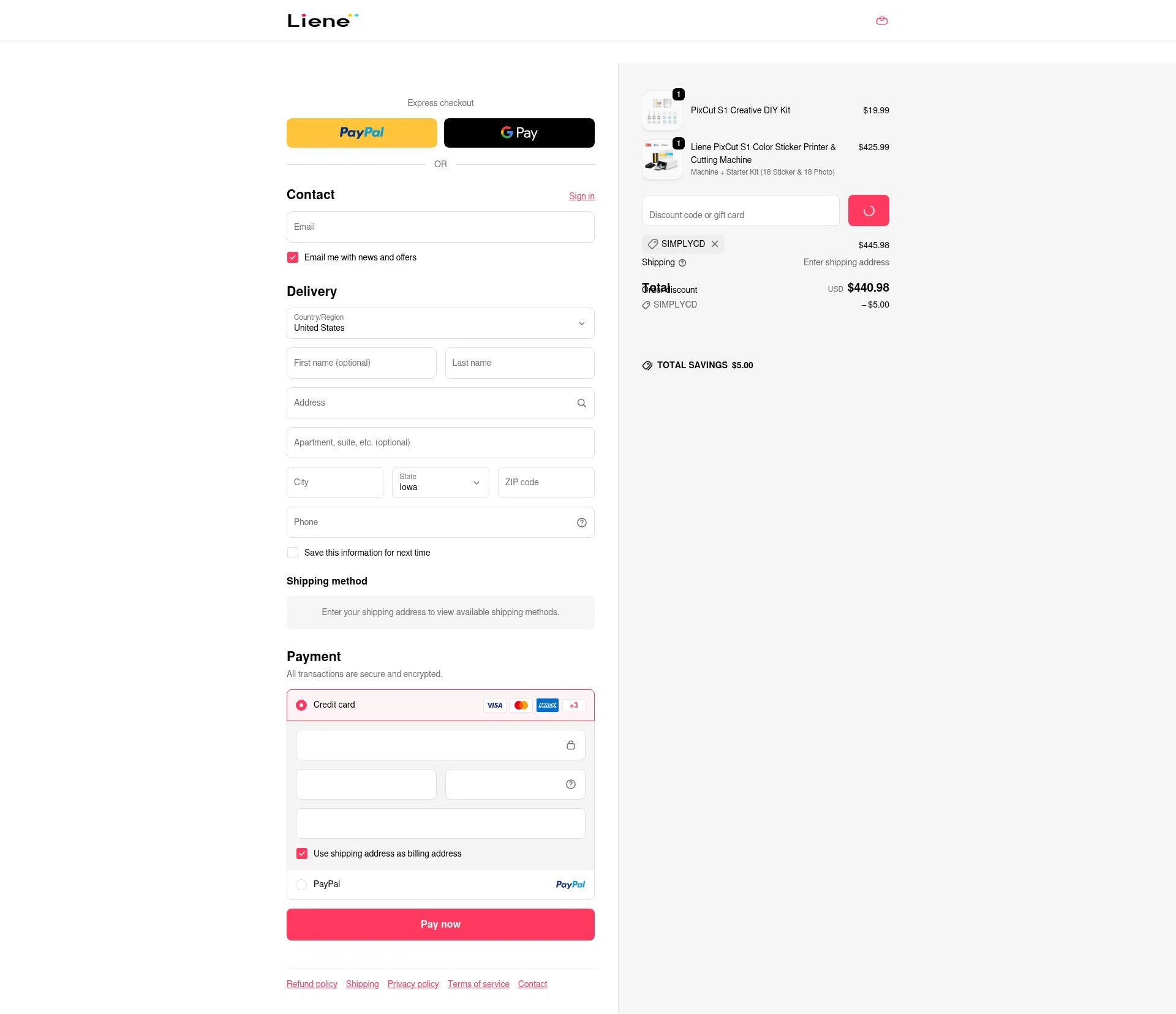 Liene checkout page showing Liene discount code box | Screenshot taken by SimplyCodes community member on Jan 5, 2026