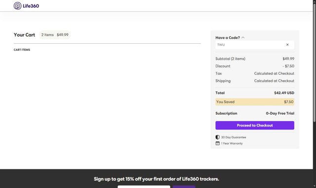 Life360 checkout page showing Life360 coupon code box | Screenshot taken by SimplyCodes community member on Aug 31, 2025