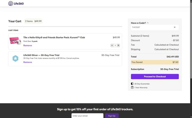 Life360 checkout page showing Life360 coupon code box | Screenshot taken by SimplyCodes community member on Aug 28, 2025