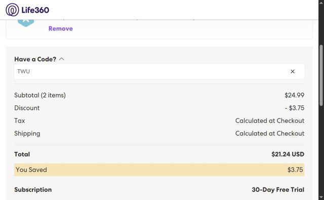 Life360 checkout page showing Life360 coupon code box | Screenshot taken by SimplyCodes community member on Aug 25, 2025