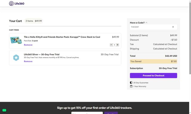 Life360 checkout page showing Life360 coupon code box | Screenshot taken by SimplyCodes community member on Aug 24, 2025
