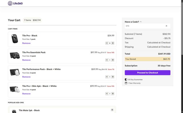 Life360 checkout page showing Life360 coupon code box | Screenshot taken by SimplyCodes community member on Jul 30, 2025