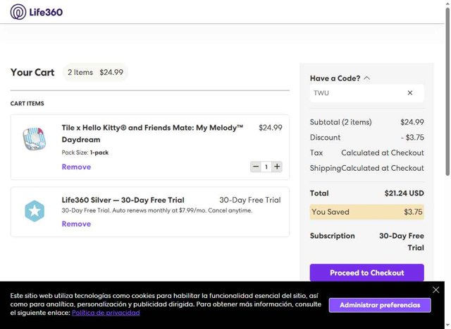 Life360 checkout page showing Life360 coupon code box | Screenshot taken by SimplyCodes community member on Aug 22, 2025