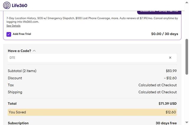 Life360 checkout page showing Life360 coupon code box | Screenshot taken by SimplyCodes community member on Aug 2, 2025