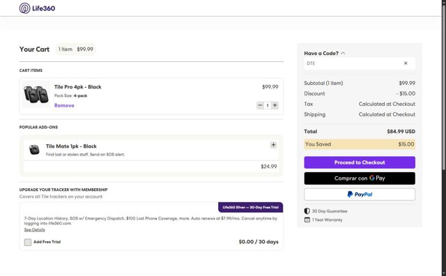 Life360 checkout page showing Life360 coupon code box | Screenshot taken by SimplyCodes community member on Aug 5, 2025