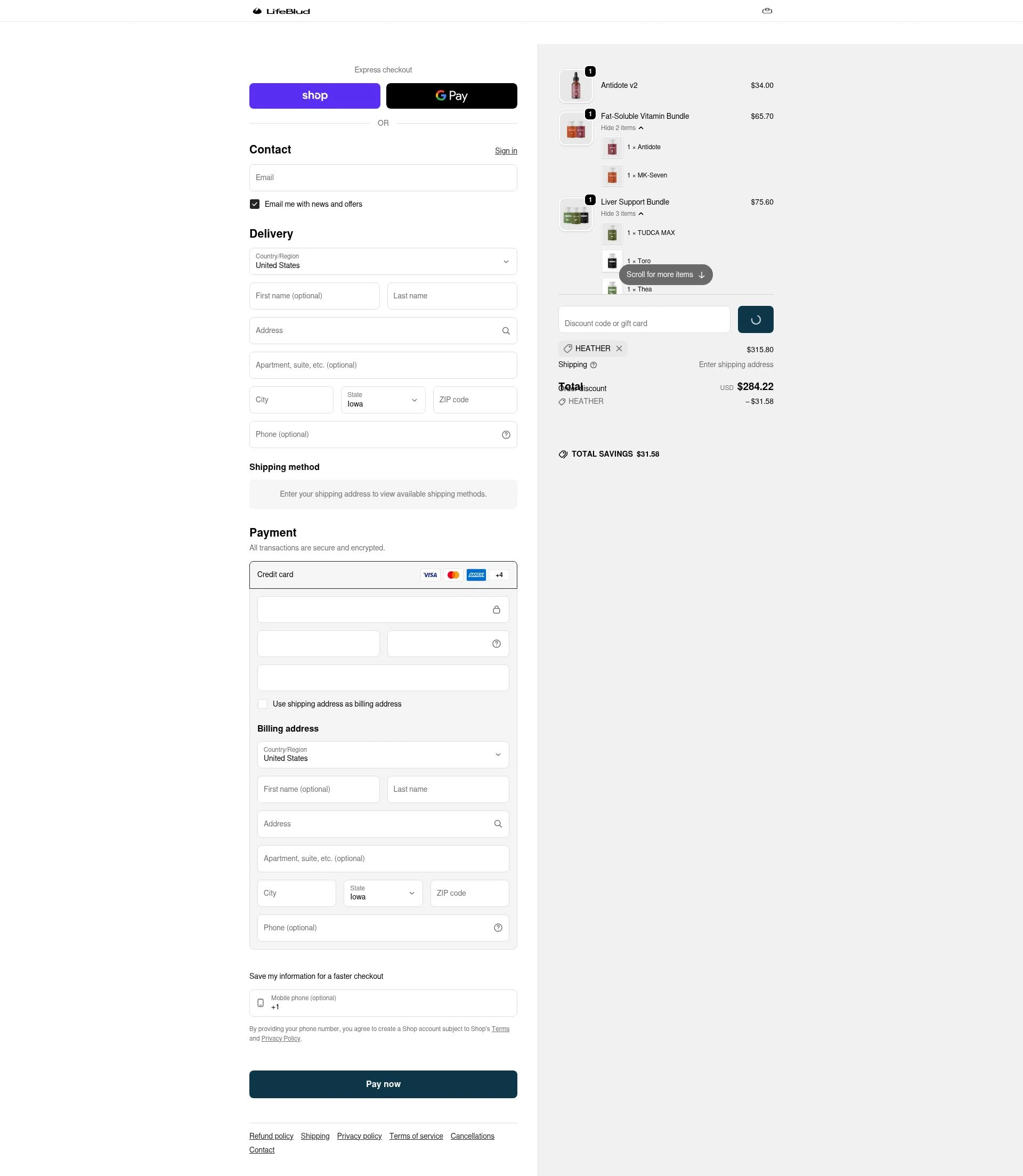 LifeBlud checkout page showing LifeBlud discount code box | Screenshot taken by SimplyCodes community member on Feb 9, 2026