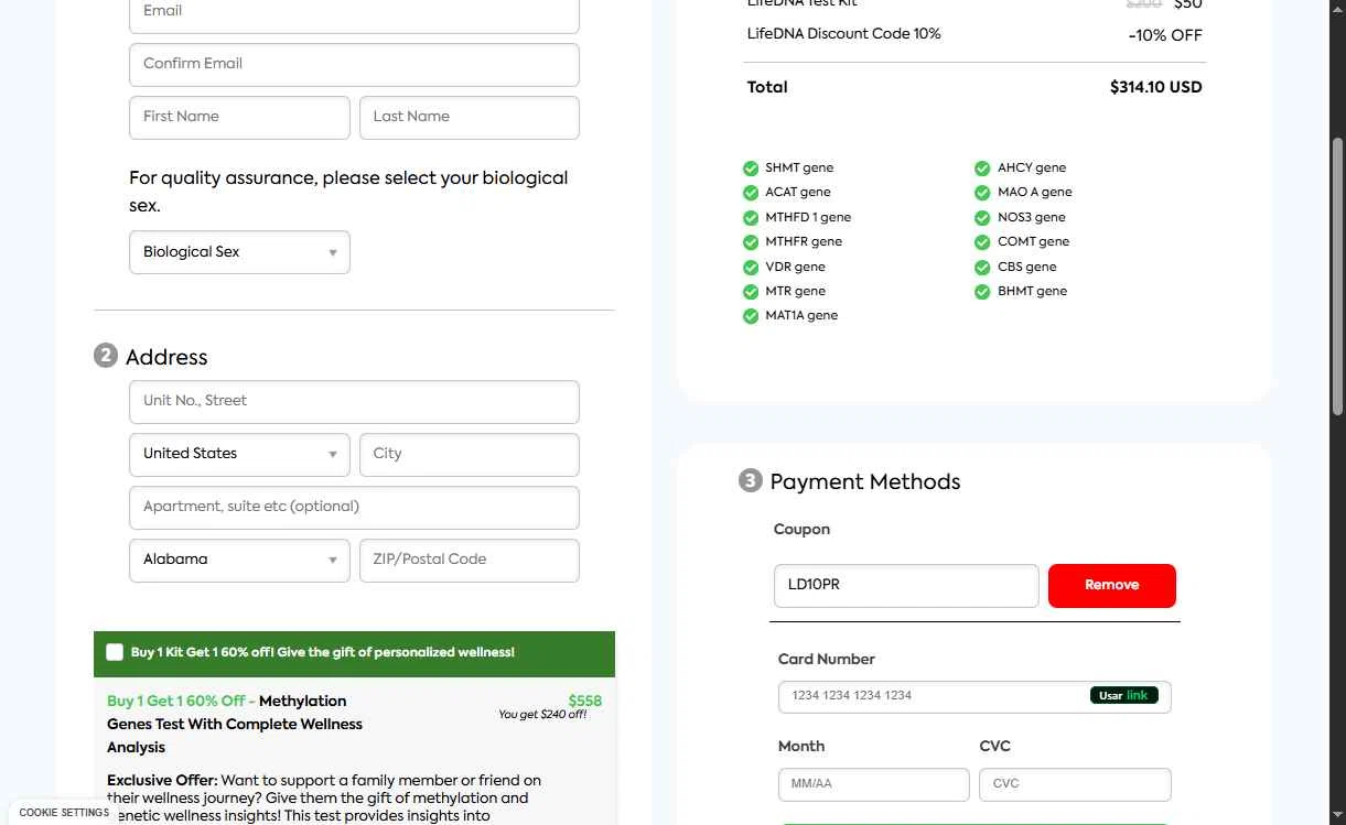 LifeDNA checkout page showing LifeDNA coupon code box | Screenshot taken by SimplyCodes community member on Nov 23, 2025